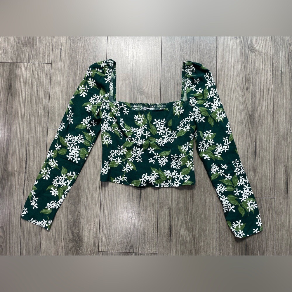Reformation Demi Top Dama De Noche Green Floral Print Square Neck Smocked Sz 0